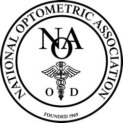 National Optometric Association Member – Eyeland Eyecare Black and white logo of the National Optometric Association with the letters NOA, a caduceus symbol, and the text “Founded 1969” – Eyeland Eyecare.